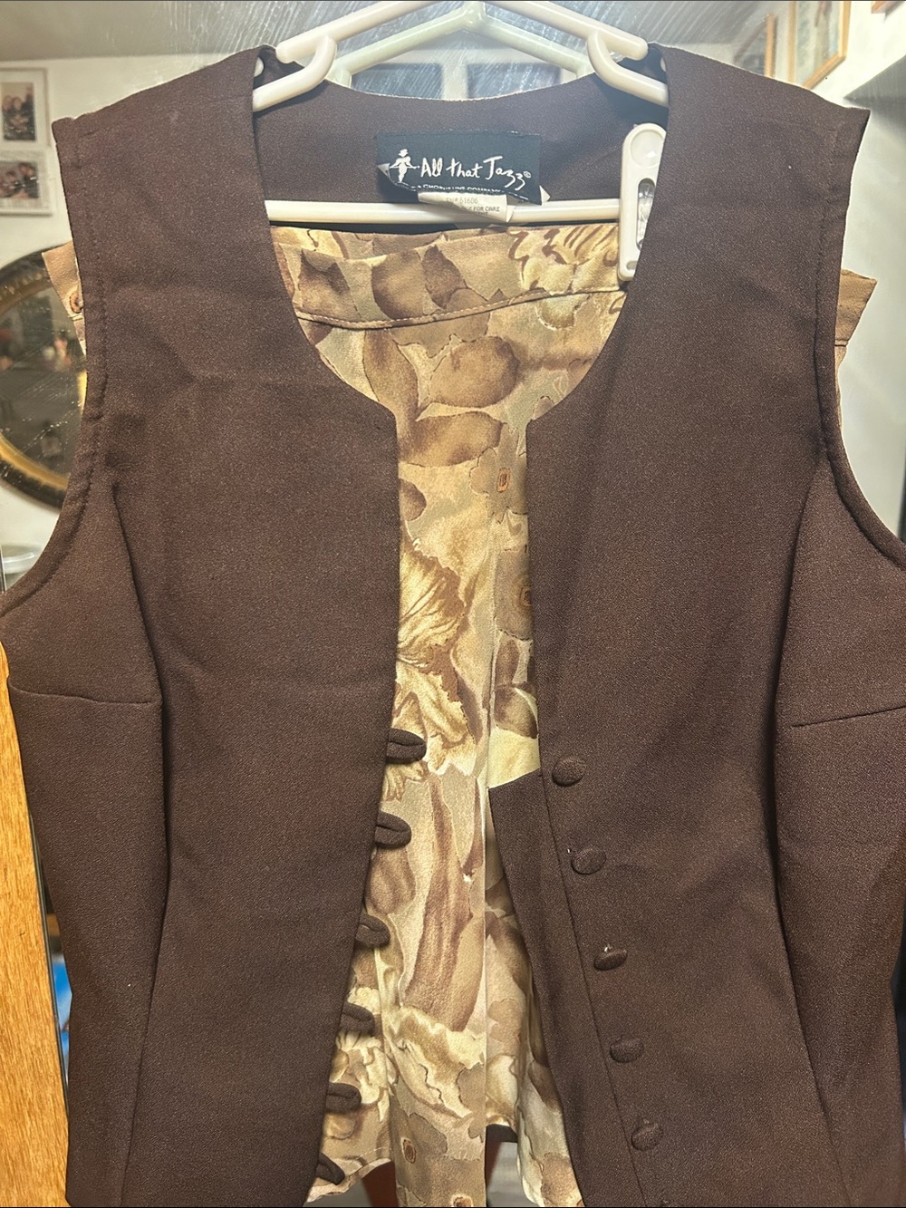 All That Jazz Brown Sleeveless Button-Front Vest With Patterned Satin Skirt
